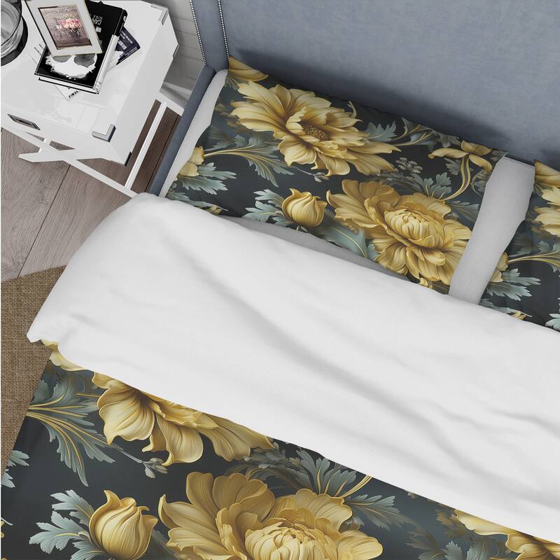 Designart "Dark Blue And Yellow Damask Realm" Damask bed cover set with 2 shams Bed Bath